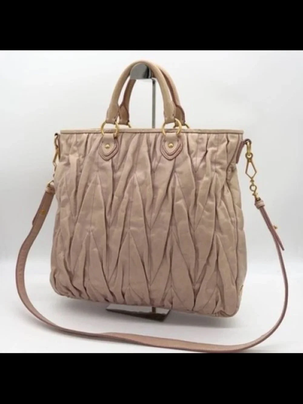 Miu Miu Dusty Pink Ruched Leather Tote with Shoulder Strap